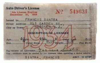 wpid 111529 2 Frank Sinatras First New Jersey License up For Auction (DETAILS)